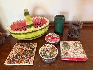 Watermelon Ceramic Basket Decor Lot w Coasters Napkins Tile Candles