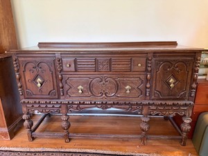 Vintage Spanish Revival Style Carved Wood Buffet Sideboard Server