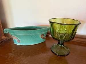 Vintage Art Pottery Bowl & Green Pressed Glass Compote Lot 2