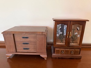 Vintage Wood Jewelry Box Lot Armoire & Chest Floral Glass Doors