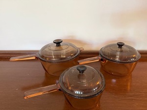 Vintage Amber Glass Saucepan Set of 3 with Lids Brown Tinted Cookware