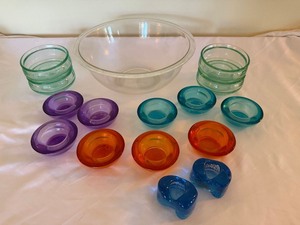 Mixed Art Glass Bowl & Candle Holder Lot 16 Pc Colorful Serving Set