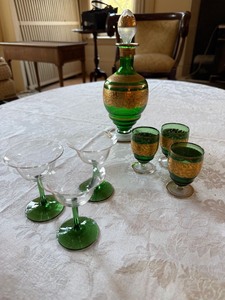 Vintage Green Glass Cordial Set Decanter 6 Glasses Gilt Floral
