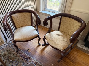Classical Style Carved Wood Armchair & Rocker Pair Upholstered