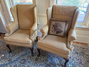 Pair Vintage Wingback Armchairs Queen Anne Legs Upholstery Project