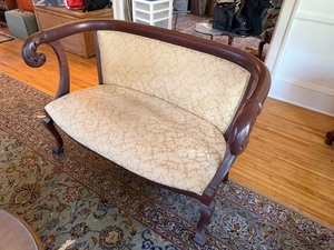 Empire Style Carved Wood Upholstered Settee Bench Scroll Arms