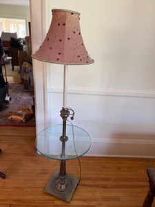 Vintage Brass Tone Floor Lamp w Glass Table Pink Embroidered Shade