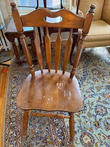 Vintage Windsor Style Wood Side Chair Pierced Back Plank Seat Worn