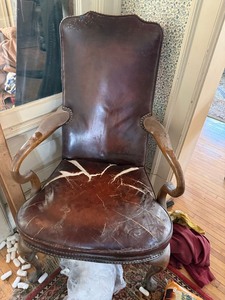 Antique Leather Upholstered Armchair Nailhead Trim Wood Frame Repair