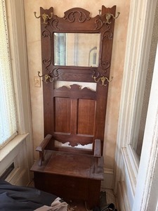 Antique Oak Hall Tree Bench Mirror Coat Rack Brass Hooks Storage
