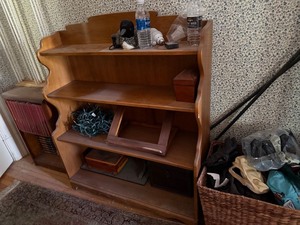 Vintage Wooden Bookcase Display Shelf Scalloped Sides 48x38x13 Good