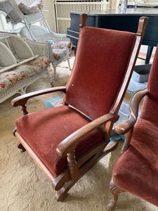 Pair Oak Platform Rocking Chairs Red Velvet Upholstery Antique Style