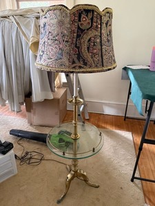 Vintage Brass Tone Floor Lamp w Glass Table Paisley Shade Pull Chain