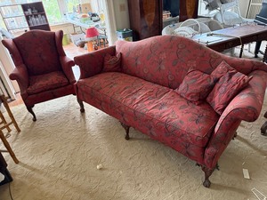 Camelback Sofa & Wingback Chair Set Red Floral Upholstery Good