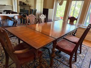 Vintage Jacobean Revival Dining Table Set 6 Chairs 2 Self-Storing Leaves