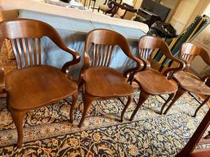 Set of 4 Vintage Solid Wood Captains Arm Chairs Colonial Style