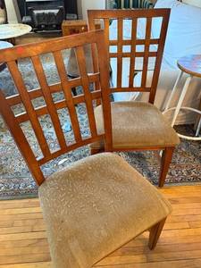 Set of 3 Wood Slat Back Dining Chairs Tan Upholstered Seats Good