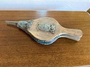 Vintage Wood Leather Fireplace Bellows Heraldic Crest 14in Rustic