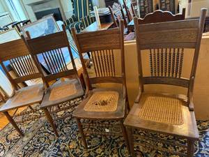 Set of 4 Antique Oak Cane Seat Dining Chairs Turned Spindle Backs