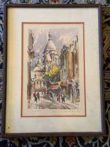 Signed Paris Street Scene Watercolor Framed Sacre Coeur Painting