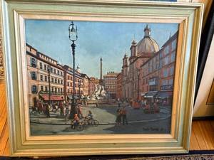 Signed 1983 Framed Oil Painting Italian City Square Scene 22x28