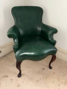 Vintage Green Wingback Leather Armchair Queen Anne Legs Good