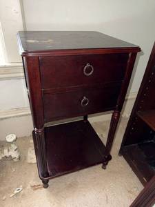 2 Drawer Mahogany Finish End Table Nightstand Fluted Legs Worn Top