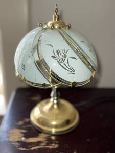 Vintage Brass Tone Table Lamp Frosted Floral Glass Shade 10in