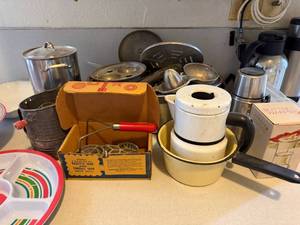 Vintage Kitchenware Cookware Lot Aluminum Utensils Sifter Rosette Iron