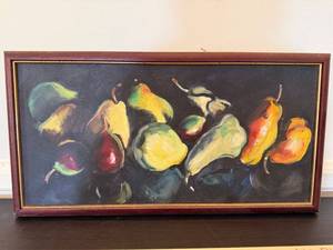 Framed Still Life Oil Painting Pears on Canvas Mid Century Style