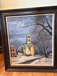 Framed Original Oil Painting Winter Church Landscape Signed Anita