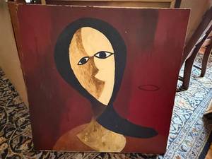 Large Vintage Abstract Portrait Painting on Canvas 32in Mid Century