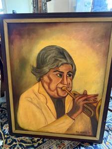 Rose Jacques 1975 Signed Portrait Painting Trumpet Player Framed  (portrait of Lark Merryman)