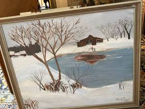 Framed Signed Winter Landscape Painting on Board Decorative Wall Art