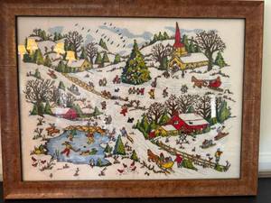 Vintage Framed Embroidered Winter Village Scene Wall Art 26x20