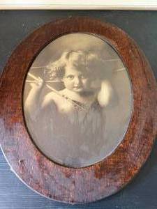 Antique Oval Framed Sepia Child Portrait Print Convex Glass 21in