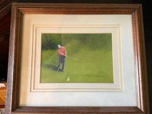 Signed Framed Golf Art Print Golfer on Green Wood Frame 13x10 VG