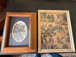 Two Framed Decorative Art Prints Bird Oval Mat & Peasant Scene