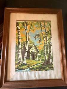 Framed Vintage Birch Forest Cabin Landscape Print Signed Sturner