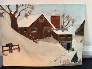 Original Winter Farm Landscape Acrylic Painting on Canvas 12x16
