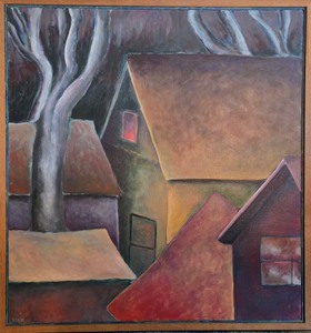 Signed 1985 Abstract Village Landscape Painting Framed Canvas Art