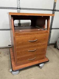 Medical Wooden Rolling Equipment Cart Cabinet w Built-In Power Strip 3 Drawers  Pull Out Work Trays Smooth Casters Great For holding monitors, machines, cords & supplies