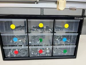 BLACKDECKER 9-Compartment Parts Organizer Durable, clear, wall-mountable drawers High-impact frame Includes various sized nuts and bolts Keep your workshop sorted with this space-saving, fully-loaded storage solution.      AI