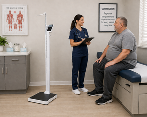 MSRP $800 Rice Lake 150-10-5 Eye-Level Digital Physician Scale 550 lb Capacity Motiontrap Movement Compensation Integrated Height Rod  Large LCD Push Button Display Stable Wide Base w Nonslip Mat Perfect For Clinics Hospitals Patient Intake Exams