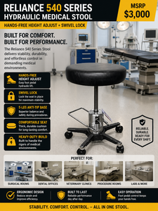 MSRP $3000 Reliance 540 Series Hydraulic Medical Stool WFoot Pedal Hands-Free Height Adjust  Swivel Lock 5 Leg Anti Tip Base Perfect For Surgical Rooms Exams Dental Clinics Sterile Procedure Use - Good Condition