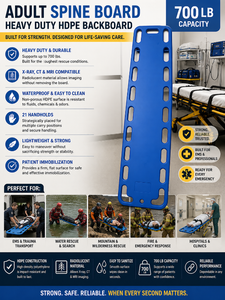 Adult Spine Board Heavy Duty HDPE Backboard 700 lb Capacity X-Ray CT MRI Translucent 21 Handholds Waterproof Easy Clean Patient Immobilization Rescue Board Perfect For EMS Trauma Transport Water Rescue & Emergency Response