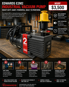MSRP $3500 Edwards E2M2 Industrial Vacuum Pump Heavy Duty Dual Stage Lab Pump Quiet Powerful Design Anti-Suckback Protection Great For HVAC work, lab vacuum systems, resin degassing, filtration setups, science projects &amp workshop use