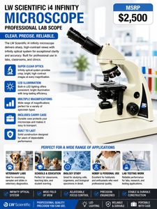 MSRP $2500 LW Scientific i4 Infinity Microscope Professional Lab Scope w Super Clear Optics LED Lighting Multiple Magnifications Includes Carry Case Perfect For vet labs, schools, biology study, students, hobby microscope users &amp lab testing work