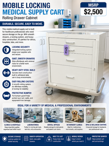Mobile Locking Medical Supply Cart Rolling Drawer Cabinet Heavy Duty Steel Build Quiet Smooth Drawers Spill-Proof Top  Protective Bumper Easy Rolling Casters #86516