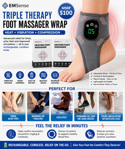 MSRP $100 EMSense Triple Therapy Foot Massager Wraps Left &amp Right Heat  Vibration  Compression Rechargeable Cordless Device Adjustable Settings Great For neuropathy discomfort, sore feet, tinglingnumbness, circulation support &amp relaxing at home